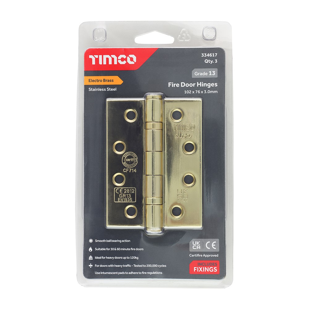 TIMCO Grade 13 Fire Door Hinges - Electro Brass Stainless Steel 101 x 76 x 3mm (3 Pack)