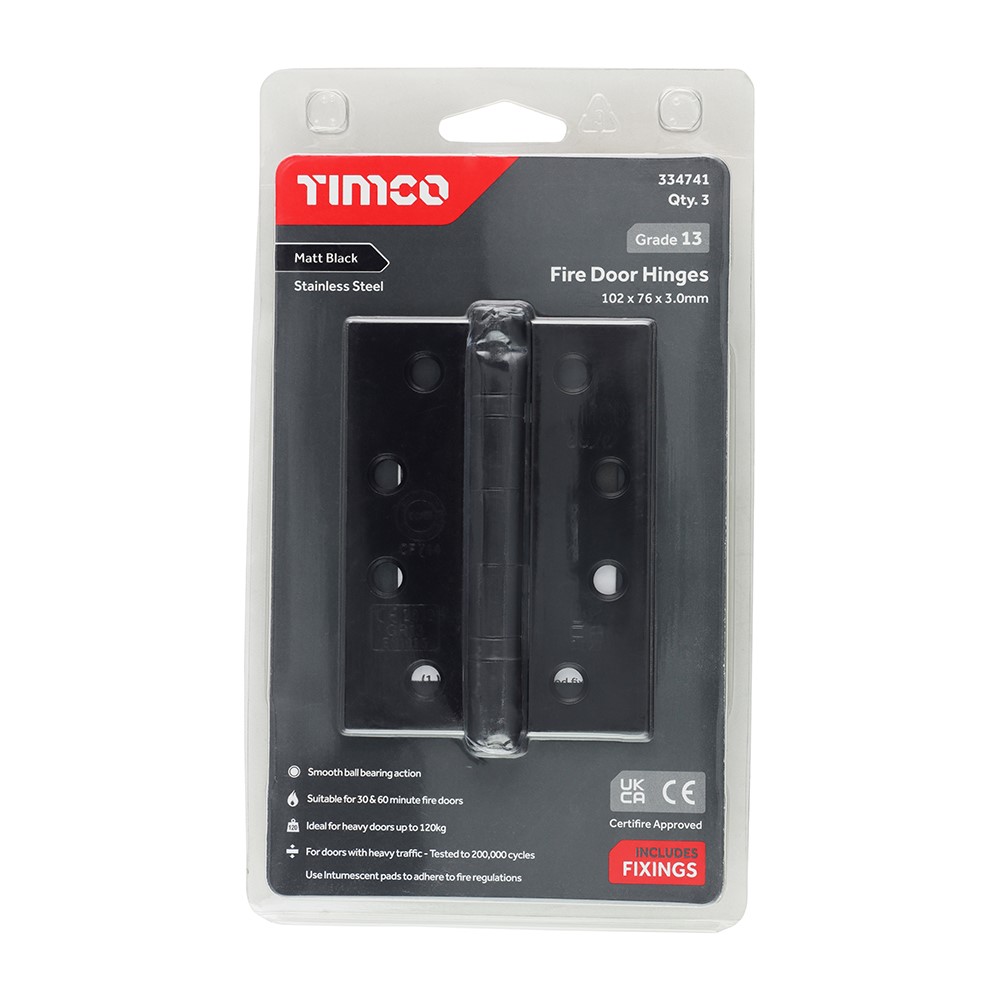 TIMCO Grade 13 Fire Door Hinges - Matt Black Stainless Steel 101 x 76 x 3mm (3 Pack)