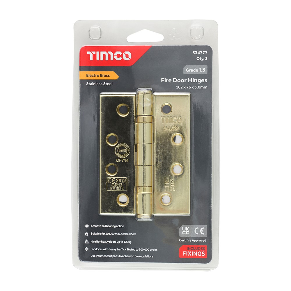 TIMCO Grade 13 Fire Door Hinges - Electro Brass Stainless Steel 101 x 76 x 3mm (2 Pack)