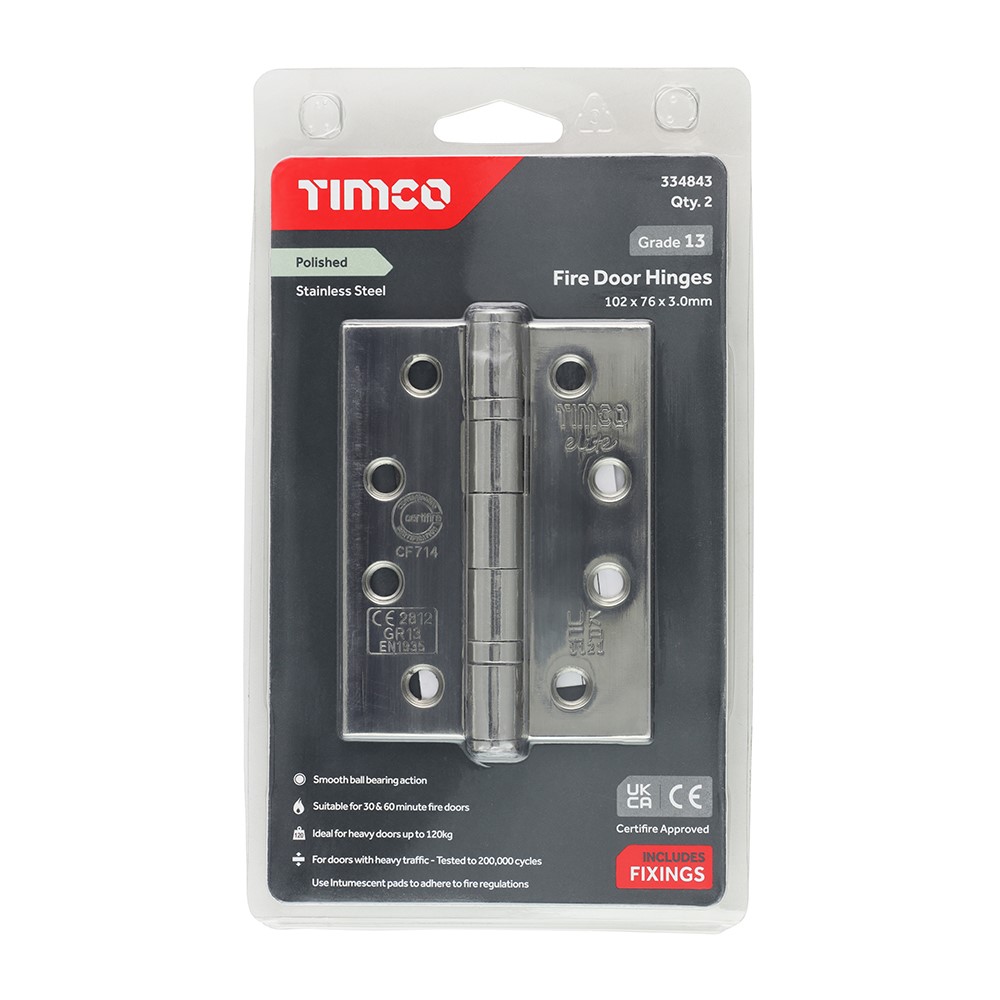 TIMCO Grade 13 Fire Door Hinges - Polished Stainless Steel 101 x 76 x 3mm (2 Pack)