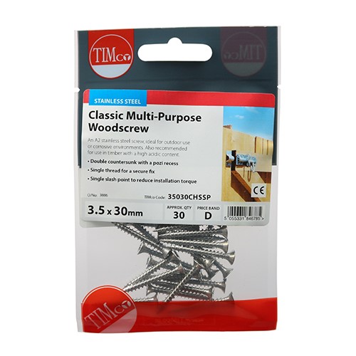 TIMCO Classic Multi-Purpose Screws - PZ -Stainless Steel 3.5 x 30mm (30 Pack)