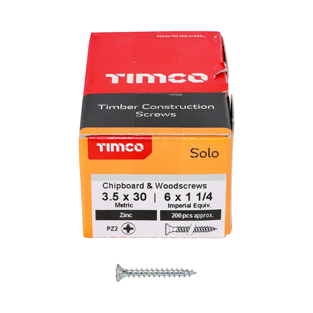 TIMCO Solo Woodscrews - PZ -Zinc 3.5 x 30mm (200 Pack)