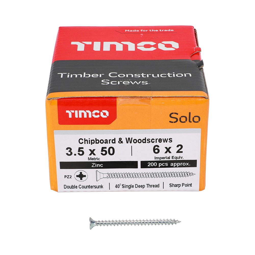 TIMCO Solo Woodscrews - PZ -Zinc 3.5 x 50mm (200 Pack)