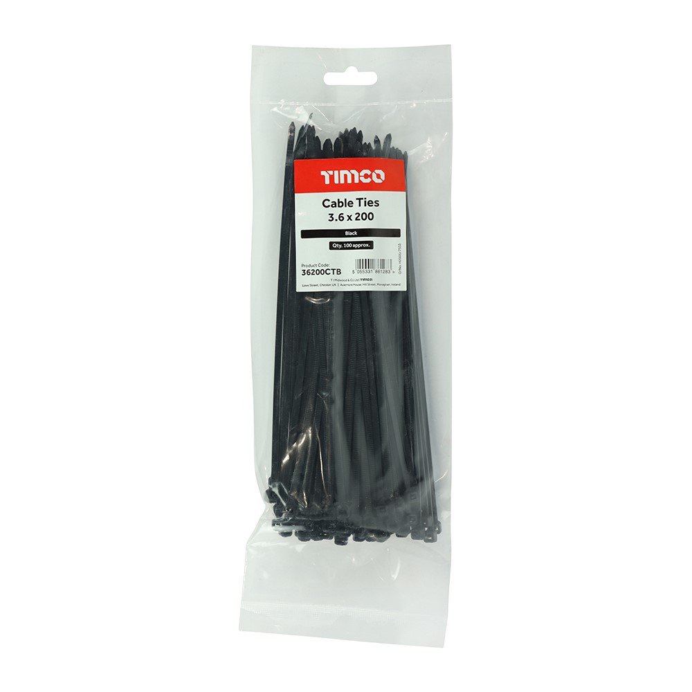 TIMCO Cable Ties - Black 3.6 x 200mm (100 Bag)