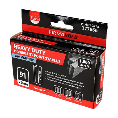 TIMCO Heavy Duty Staples - Divergent Point - Galvanised 22mm (1000 Pack)