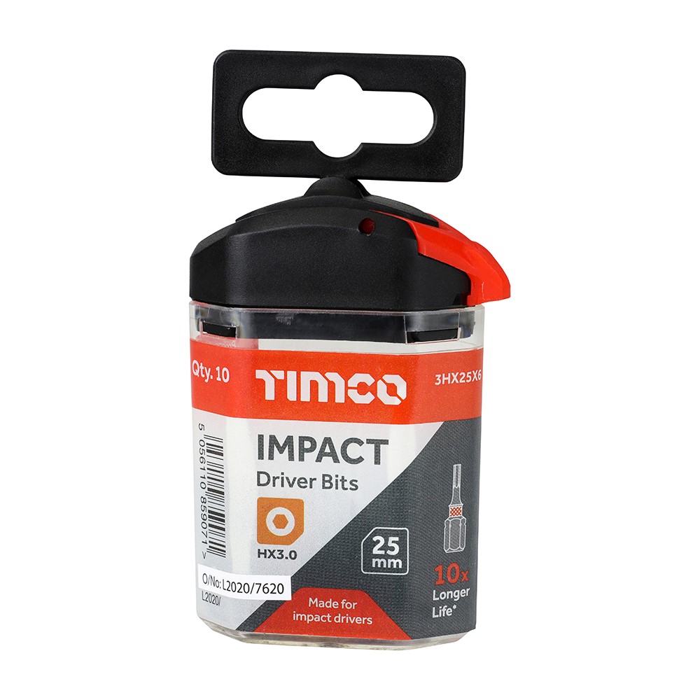 TIMCO Impact Driver Bits - Hex 3.0 x 25mm (10 Handy Bit Pack)