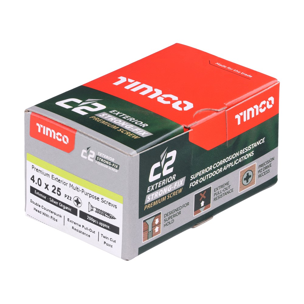 TIMCO C2 Exterior Strong-Fix Multi-Purpose Premium Screws - PZ Silver 4.0 x 25mm (200 Pack)