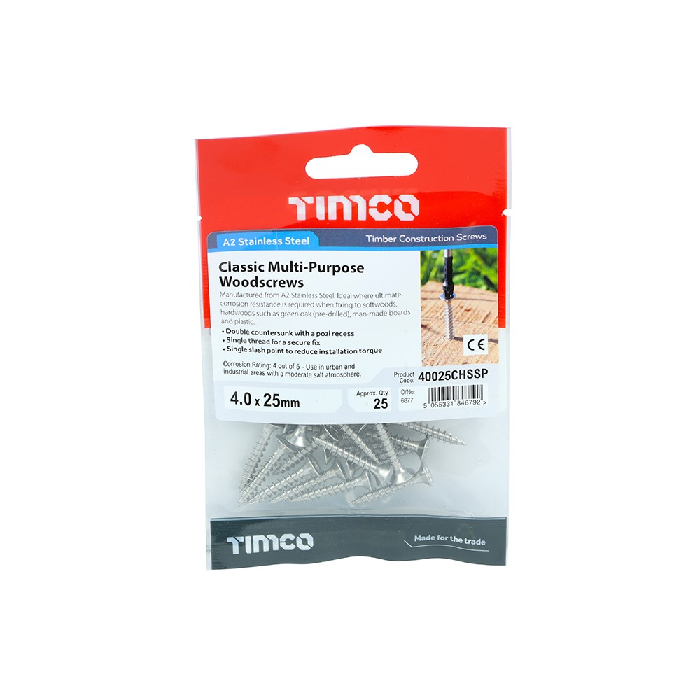 TIMCO Classic Multi-Purpose Screws - PZ -Stainless Steel 4.0 x 25mm (25 Pack)