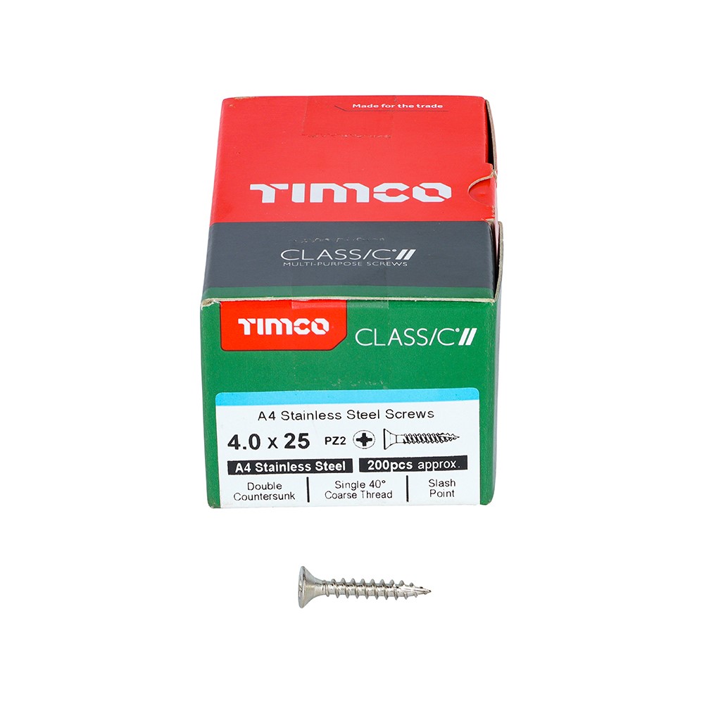 TIMCO Classic Multi-Purpose Screws - PZ -A4 Stainless Steel 4.0 x 25mm (200 Pack)