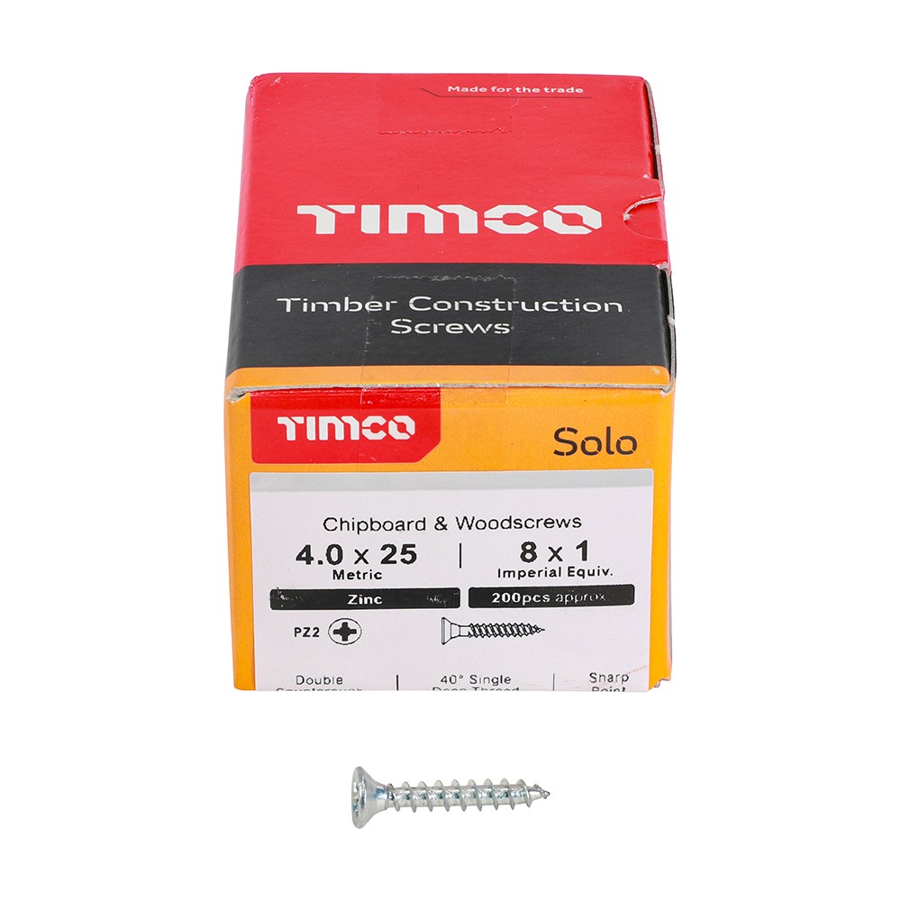 TIMCO Solo Woodscrews - PZ -Zinc 4.0 x 25mm (200 Pack)