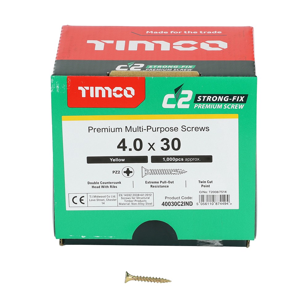 TIMCO C2 Strong-Fix Multi-Purpose Premium Screws - Industry Pack - PZ - 4.0 x 30mm (1000 Pack)