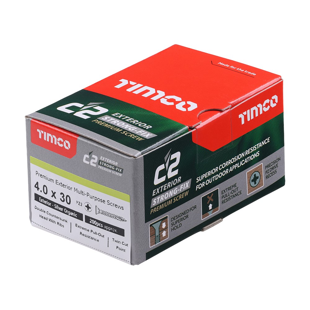 TIMCO C2 Exterior Strong-Fix Multi-Purpose Premium Screws - PZ -Silver 4.0 x 30mm (200 Pack)