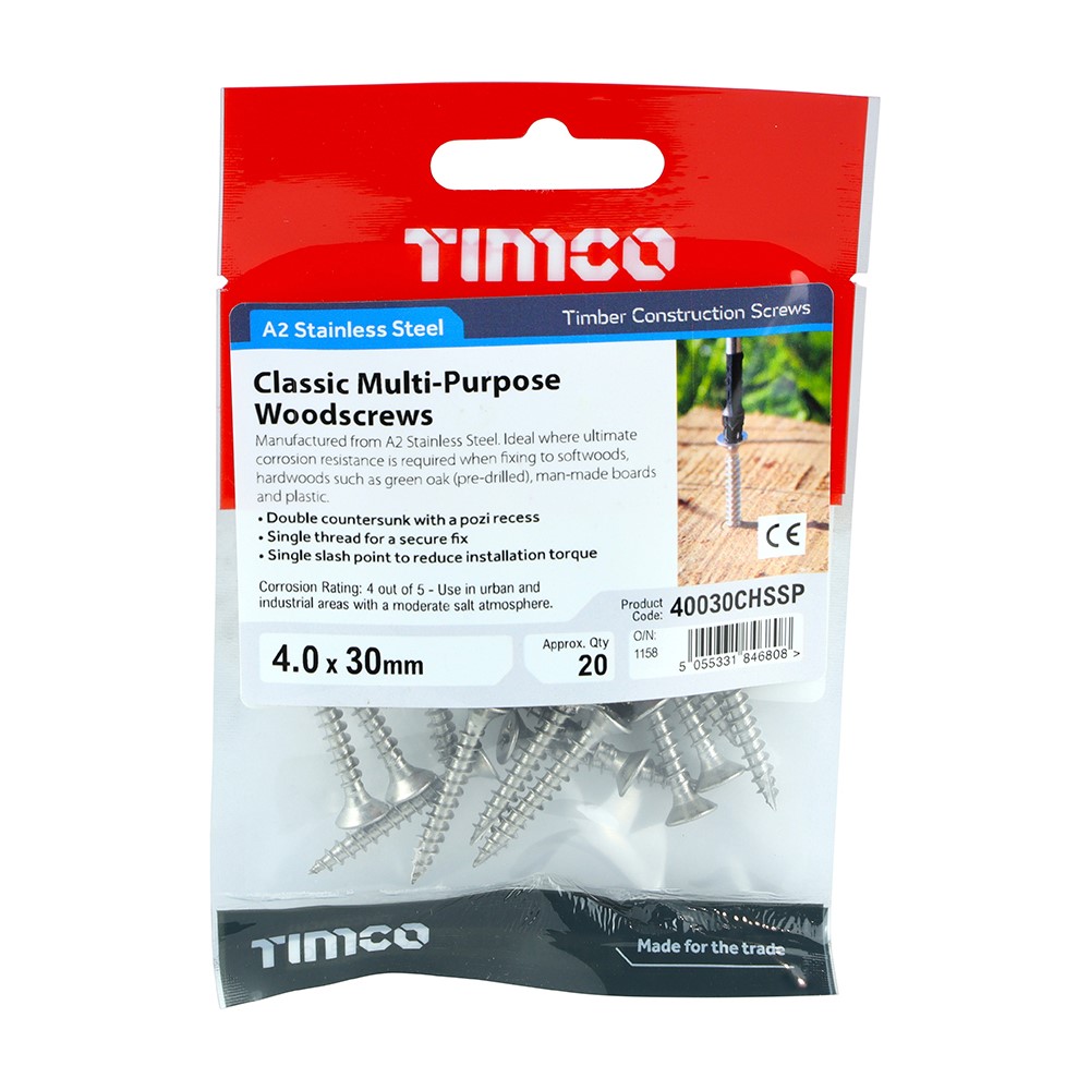 TIMCO Classic Multi-Purpose Screws - PZ -Stainless Steel 4.0 x 30mm (20 Pack)