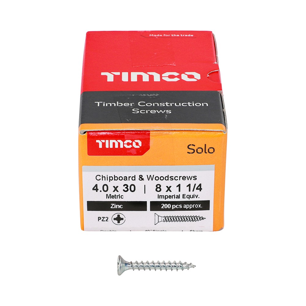 TIMCO Solo Woodscrews - PZ -Zinc 4.0 x 30mm (200 Pack)