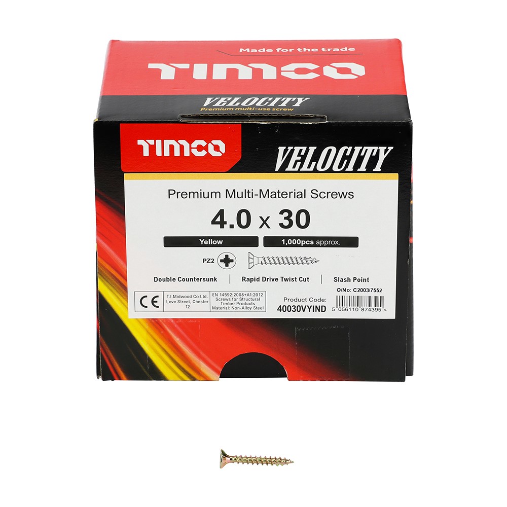 TIMCO Velocity Premium Multi-Use Screws - PZ - 4.0 x 30mm (1000 Pack)