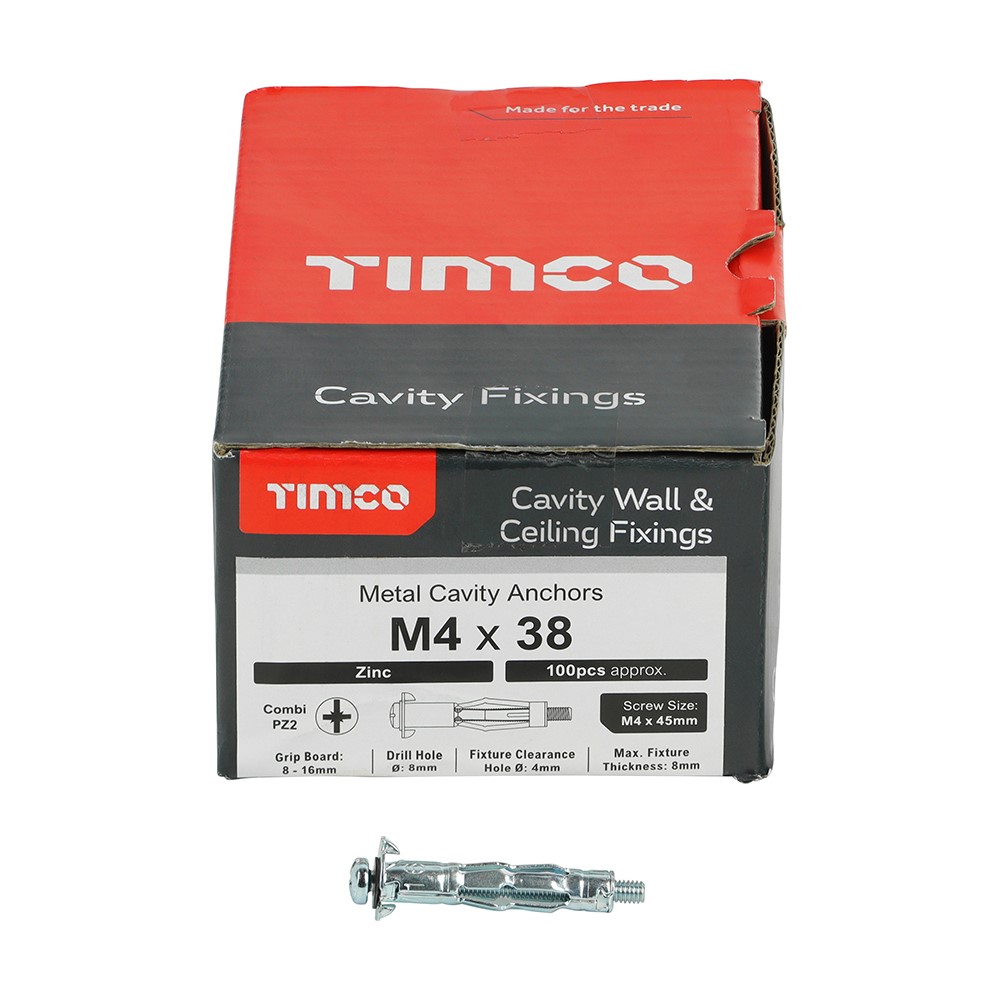 TIMCO Metal Cavity Anchors - Zinc M4 x 38 (45mm Screw) (100 Pack)