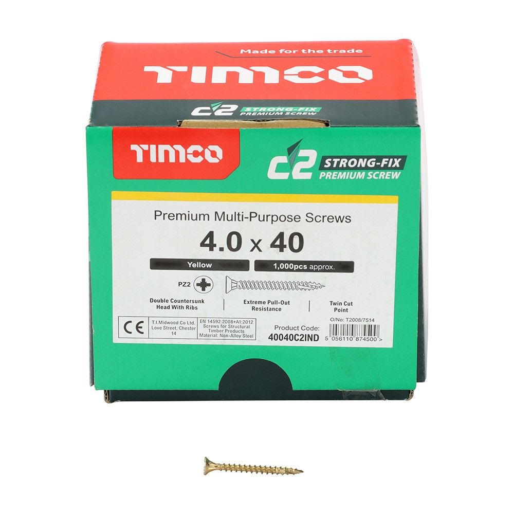 TIMCO C2 Strong-Fix Multi-Purpose Premium Screws - Industry Pack - PZ - 4.0 x 40mm (1000 Pack)