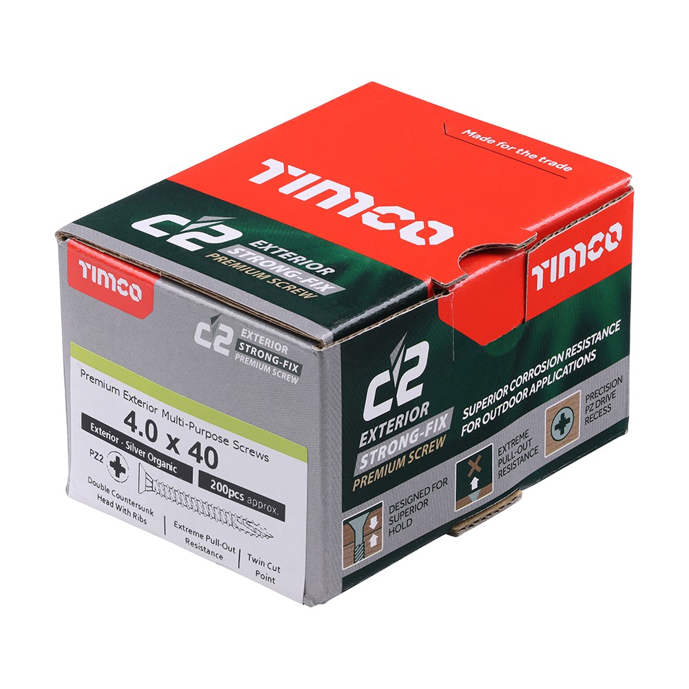 TIMCO C2 Exterior Strong-Fix Multi-Purpose Premium Screws - PZ -Silver 4.0 x 40mm (200 Pack)