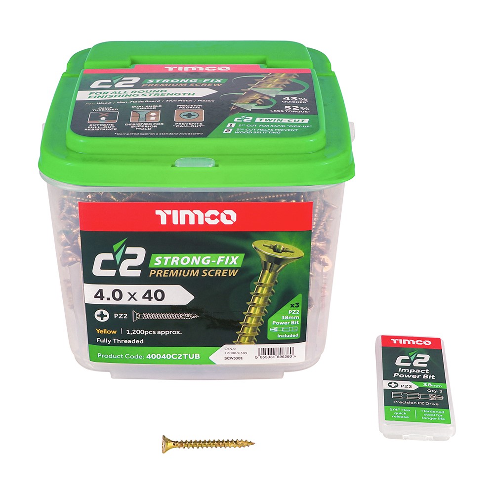 TIMCO C2 Strong-Fix Multi-Purpose Premium Screws - PZ - 4.0 x 40mm (1200 Pack)