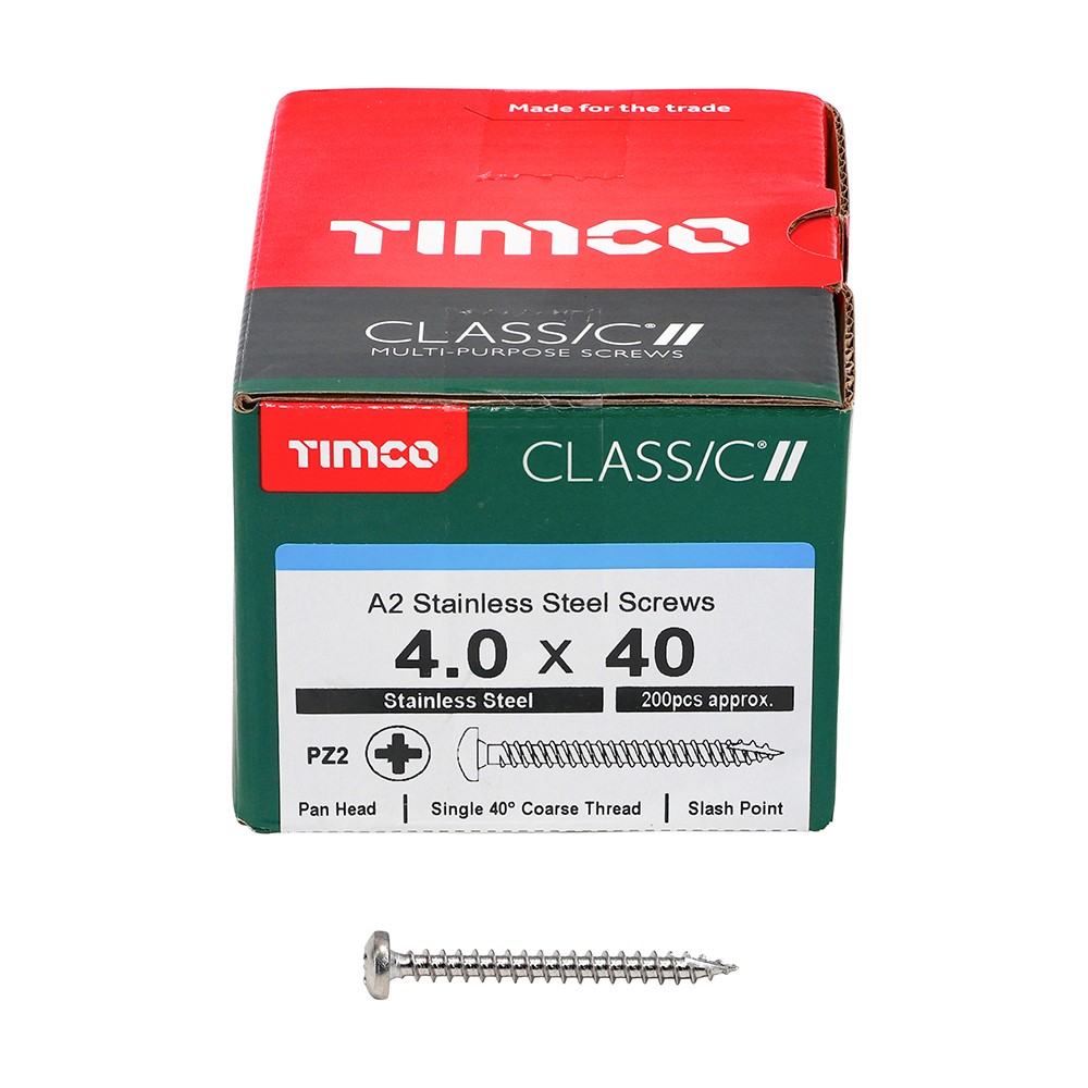 TIMCO Classic Multi-Purpose Screws - PZ - Pan Head - A2 Stainless Steel 4.0 x 40mm (200 Pack)