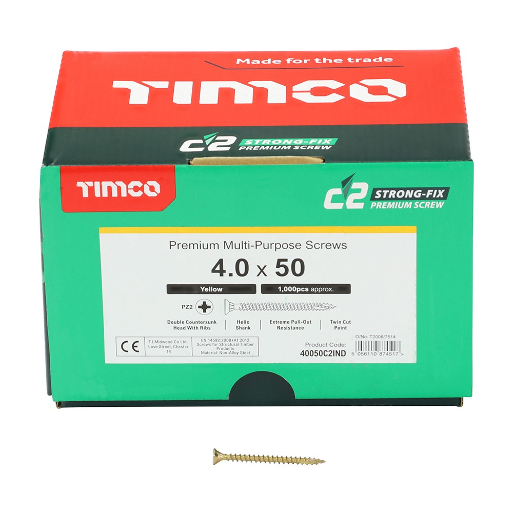 TIMCO C2 Strong-Fix Multi-Purpose Premium Screws - Industry Pack - PZ - 4.0 x 50mm (1000 Pack)