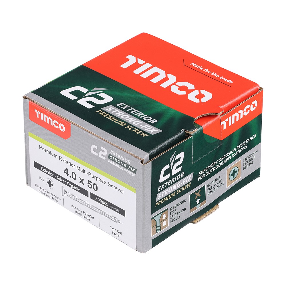 TIMCO C2 Exterior Strong-Fix Multi-Purpose Premium Screws - PZ -Silver 4.0 x 50mm (200 Pack)