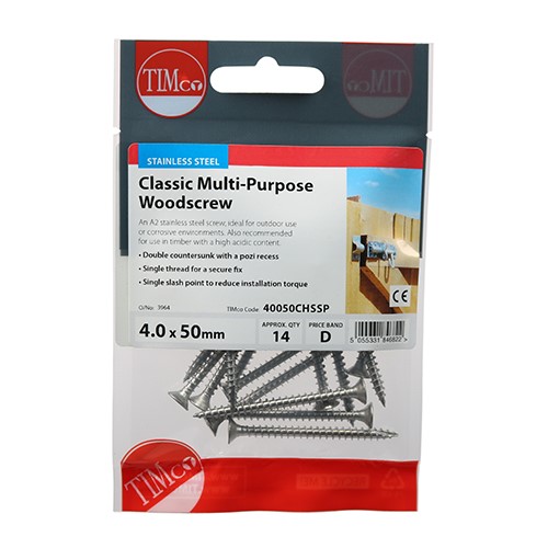 TIMCO Classic Multi-Purpose Screws - PZ -Stainless Steel 4.0 x 50mm (14 Pack)