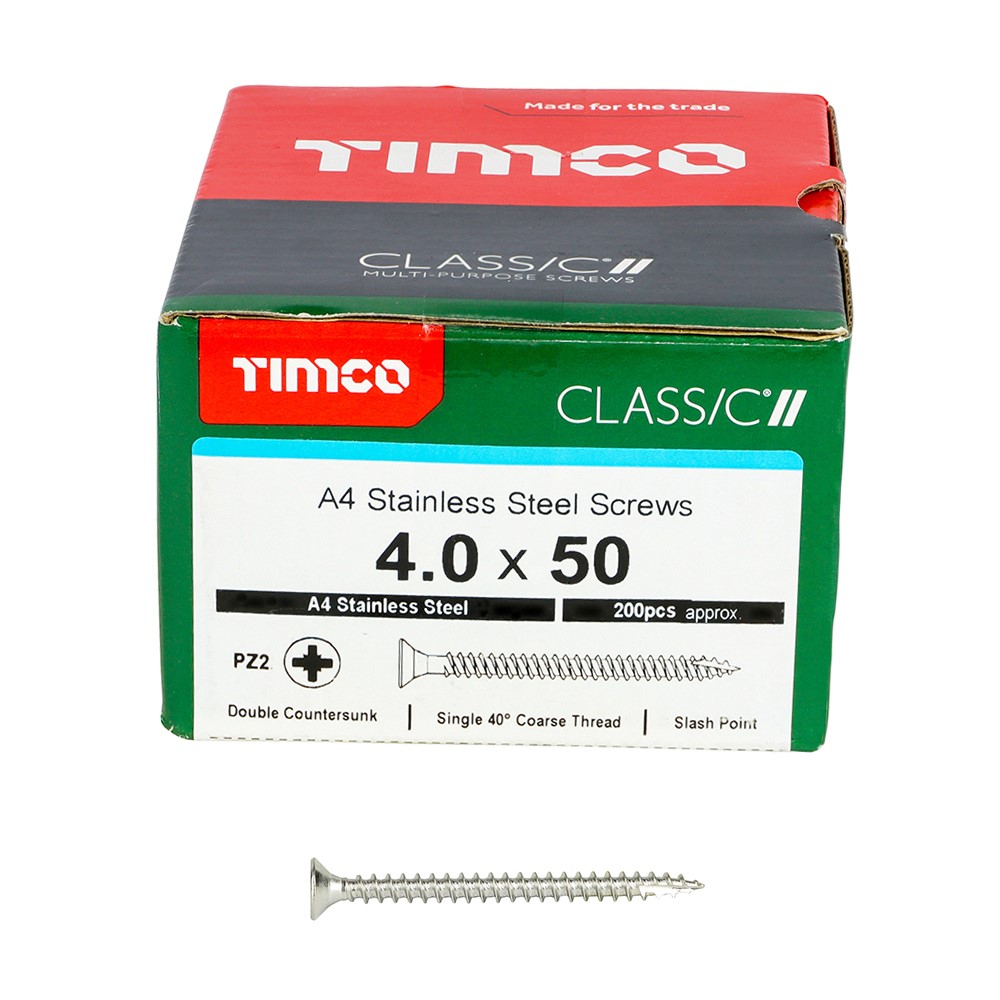 TIMCO Classic Multi-Purpose Screws - PZ -A4 Stainless Steel 4.0 x 50mm (200 Pack)