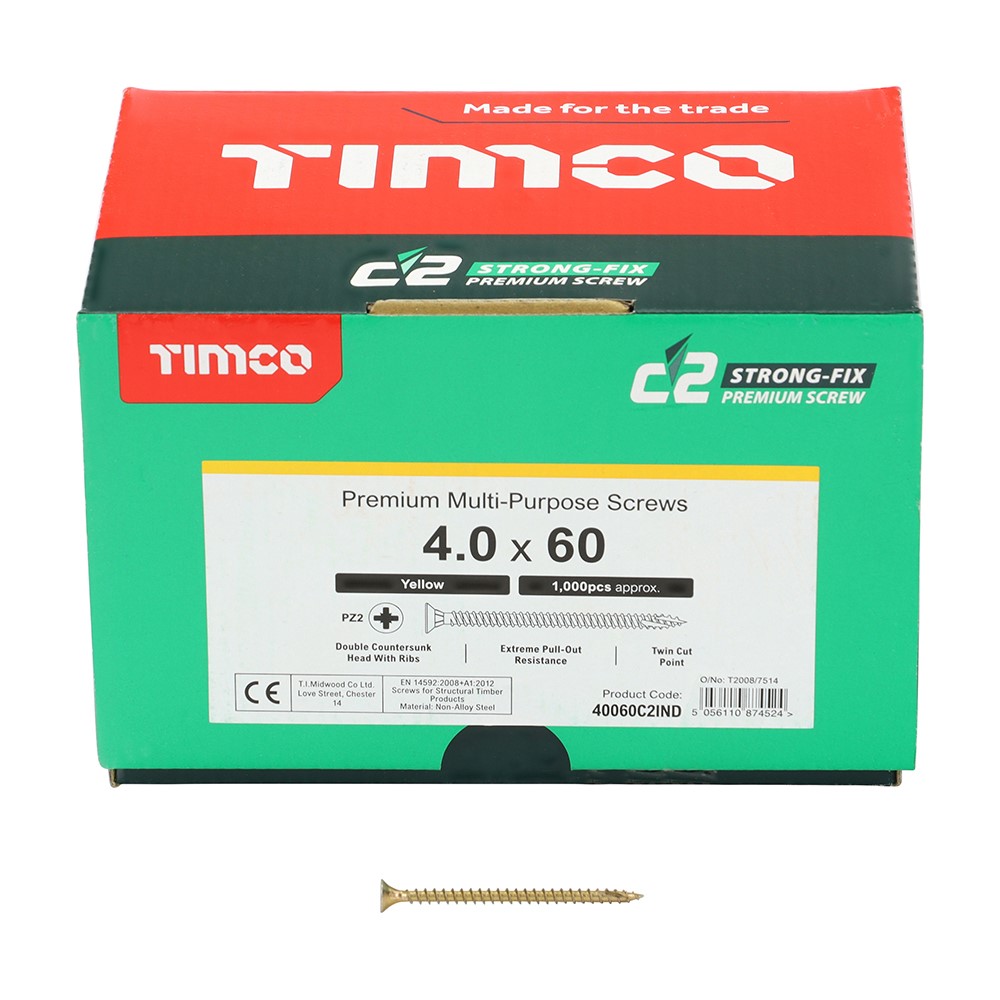 TIMCO C2 Strong-Fix Multi-Purpose Premium Screws - Industry Pack - PZ - 4.0 x 60mm (1000 Pack)