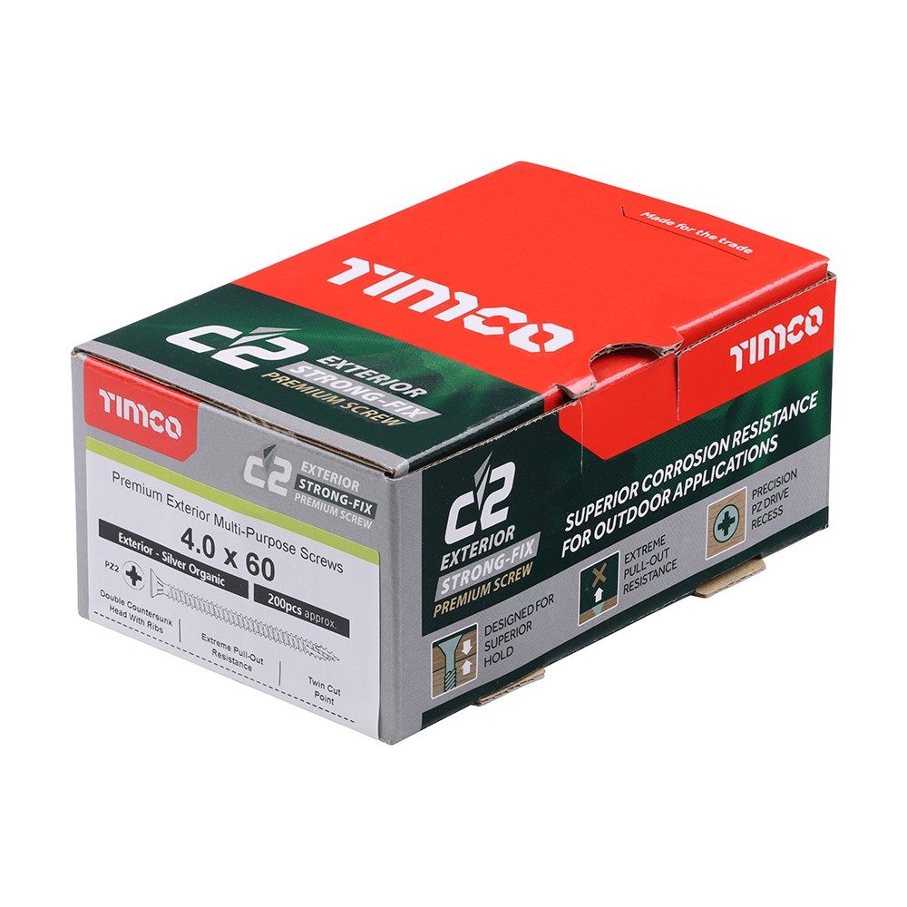 TIMCO C2 Exterior Strong-Fix Multi-Purpose Premium Screws - PZ -Silver 4.0 x 60mm (200 Pack)