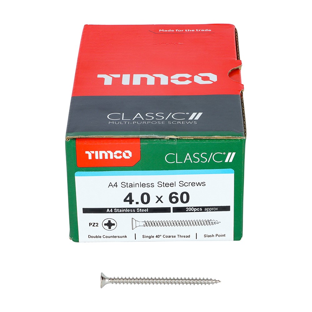 TIMCO Classic Multi-Purpose Screws - PZ -A4 Stainless Steel 4.0 x 60mm (200 Pack)