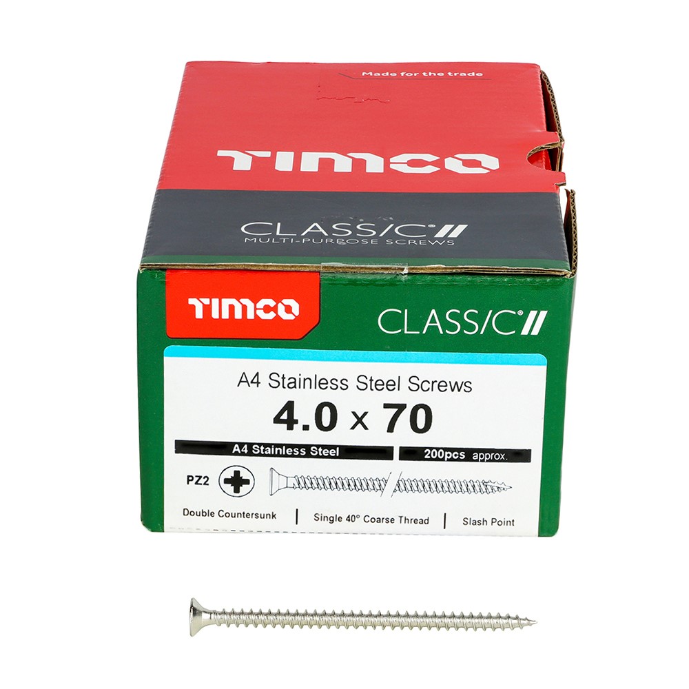 TIMCO Classic Multi-Purpose Screws - PZ -A4 Stainless Steel 4.0 x 70mm (200 Pack)