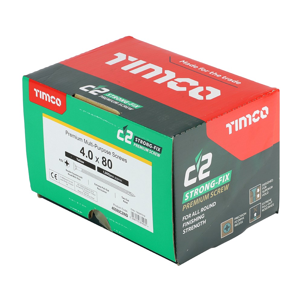 TIMCO C2 Strong-Fix Multi-Purpose Premium Screws - Industry Pack - PZ - 4.0 x 80mm (1000 Pack)