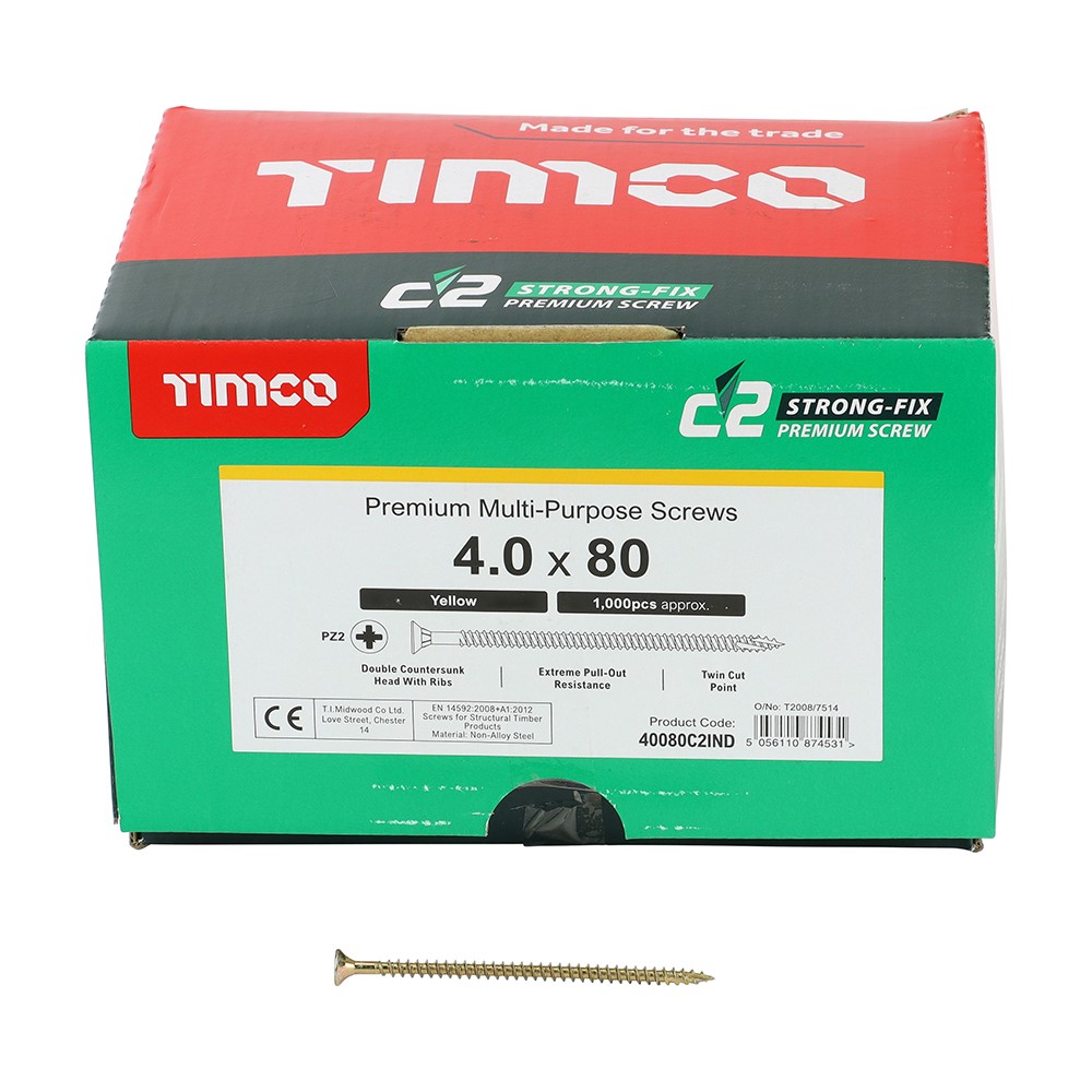 TIMCO C2 Strong-Fix Multi-Purpose Premium Screws - Industry Pack - PZ - 4.0 x 80mm (1000 Pack)
