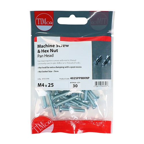 TIMCO Machine Screws - PZ - Pan & Hex Nuts - Zinc M4 x 12 (40 Pack)