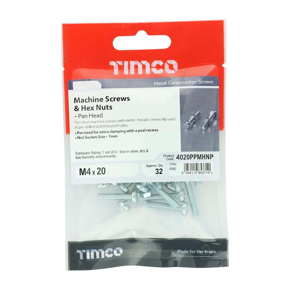 TIMCO Machine Screws - PZ - Pan & Hex Nuts - Zinc M4 x 20 (32 Pack)