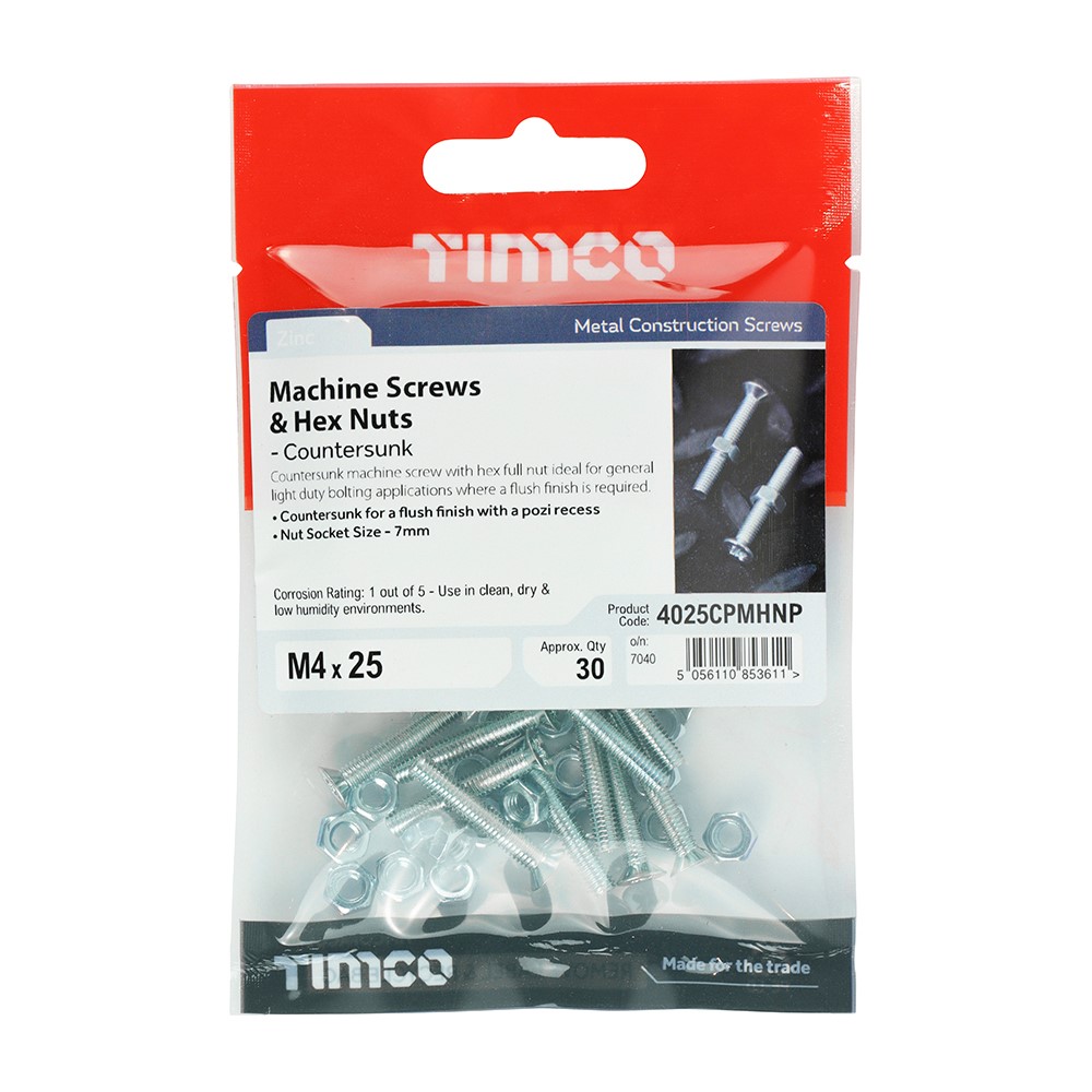 TIMCO Machine Screws - PZ - Countersunk & Hex Nuts - Zinc M4 x 25 (30 Pack)