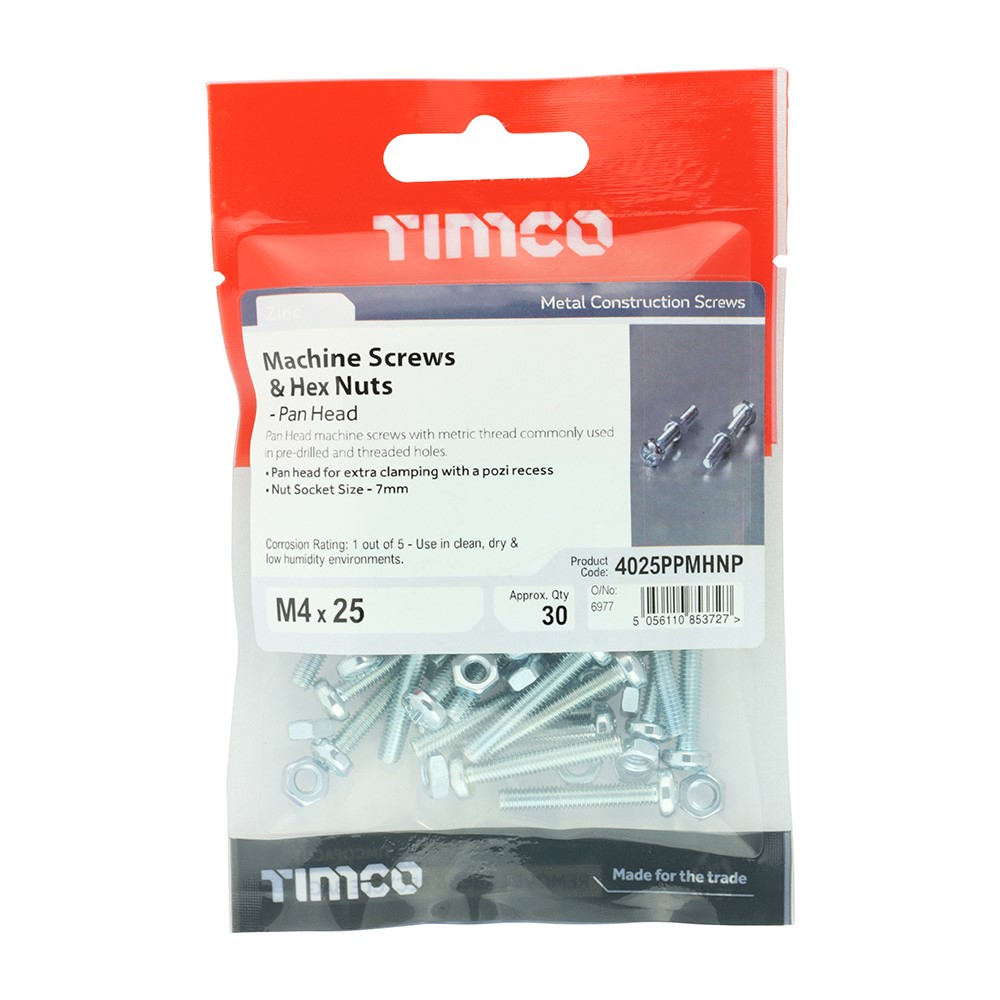 TIMCO Machine Screws - PZ - Pan & Hex Nuts - Zinc M4 x 25 (30 Pack)