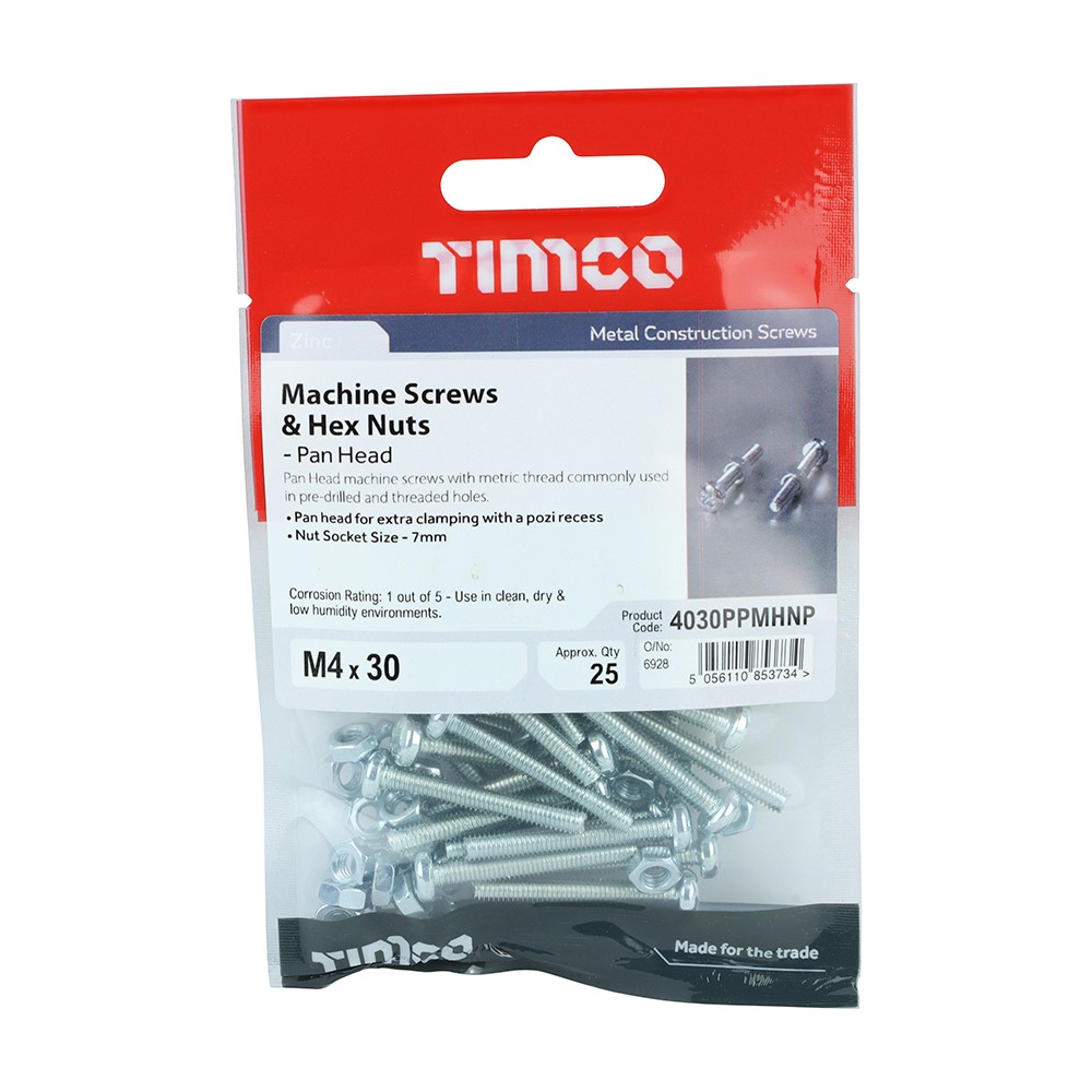 TIMCO Machine Screws - PZ - Pan & Hex Nuts - Zinc M4 x 30 (25 Pack)