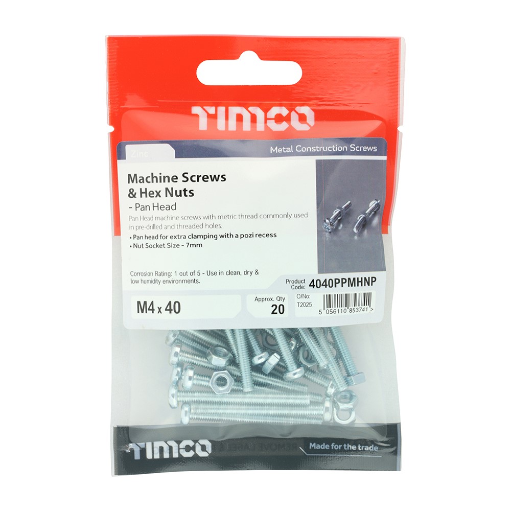 TIMCO Machine Screws - PZ - Pan & Hex Nuts - Zinc M4 x 40 (20 Pack)