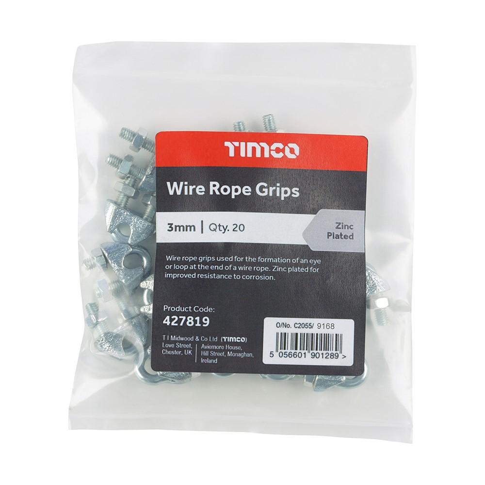 TIMCO Wire Rope Grips - Zinc 3mm (20 Bag)