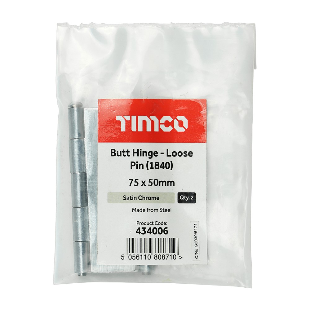 TIMCO Plain Butt Hinge - Loose Pin (1840) - Satin Chrome 75 x 50mm (2)