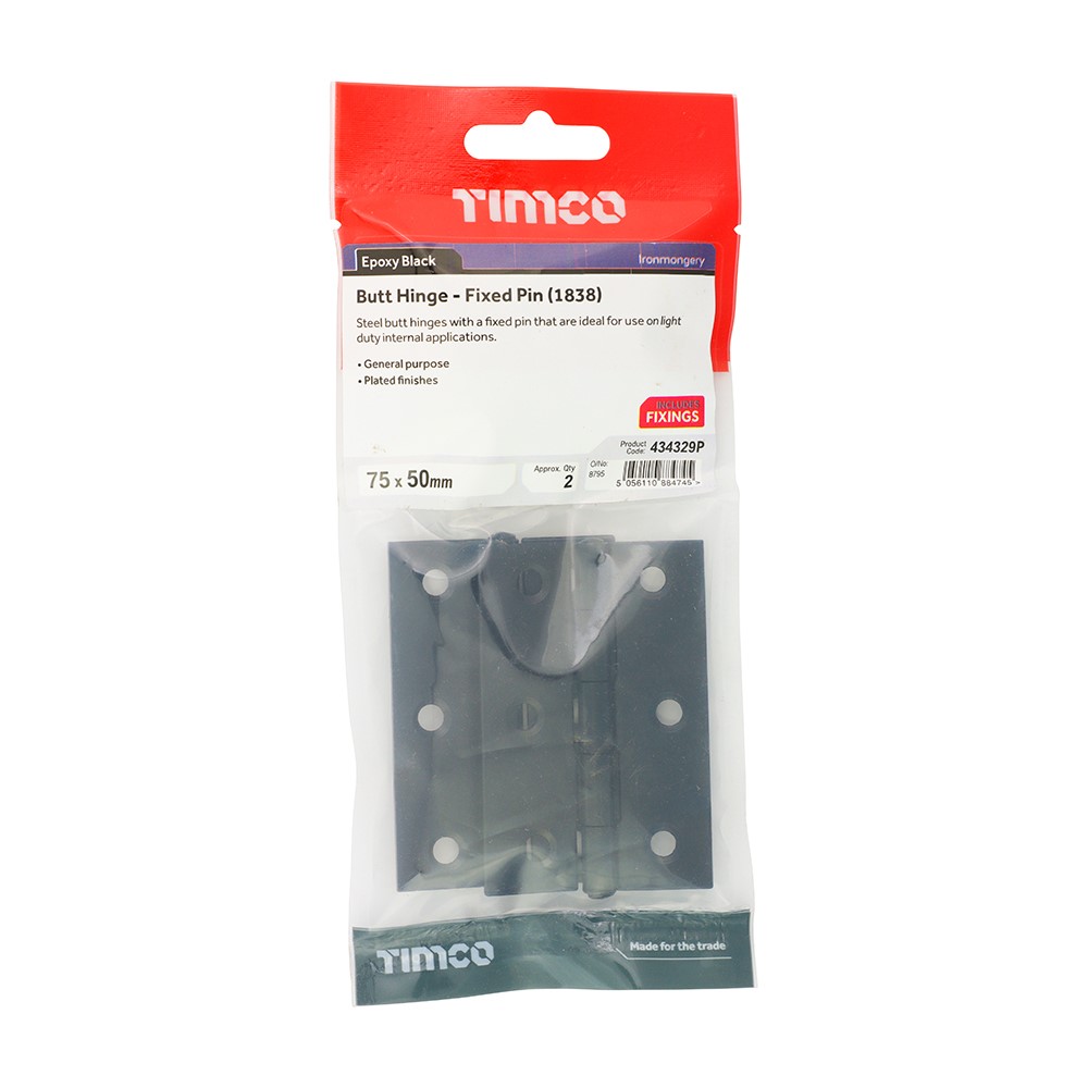 TIMCO Plain Butt Hinge - Fixed Pin (1838) - Black 75 x 50mm (2)