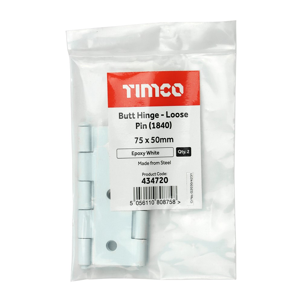 TIMCO Plain Butt Hinge - Loose Pin (1840) - White 75 x 50mm (2)