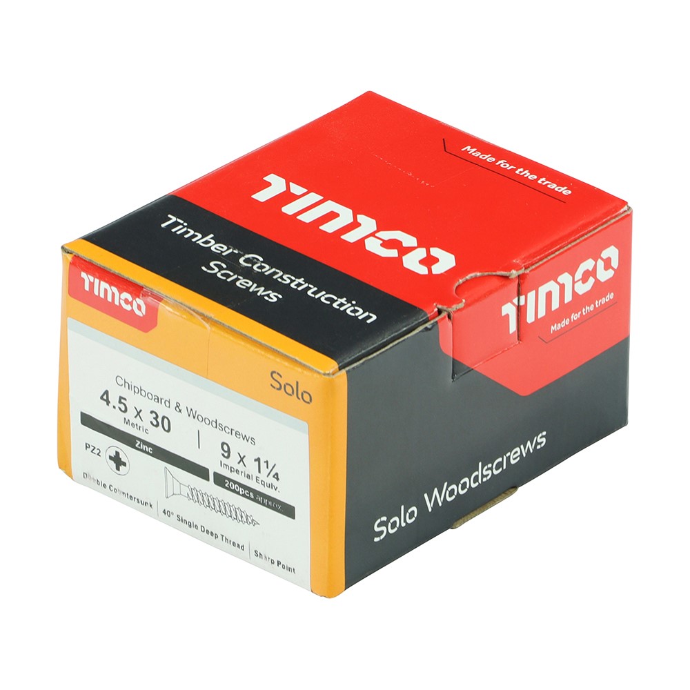 TIMCO Solo Woodscrews - PZ -Zinc 4.5 x 30mm (200 Pack)