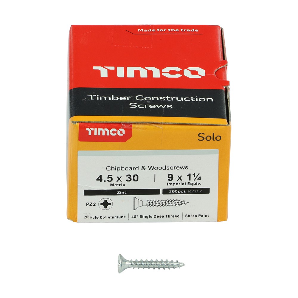 TIMCO Solo Woodscrews - PZ -Zinc 4.5 x 30mm (200 Pack)