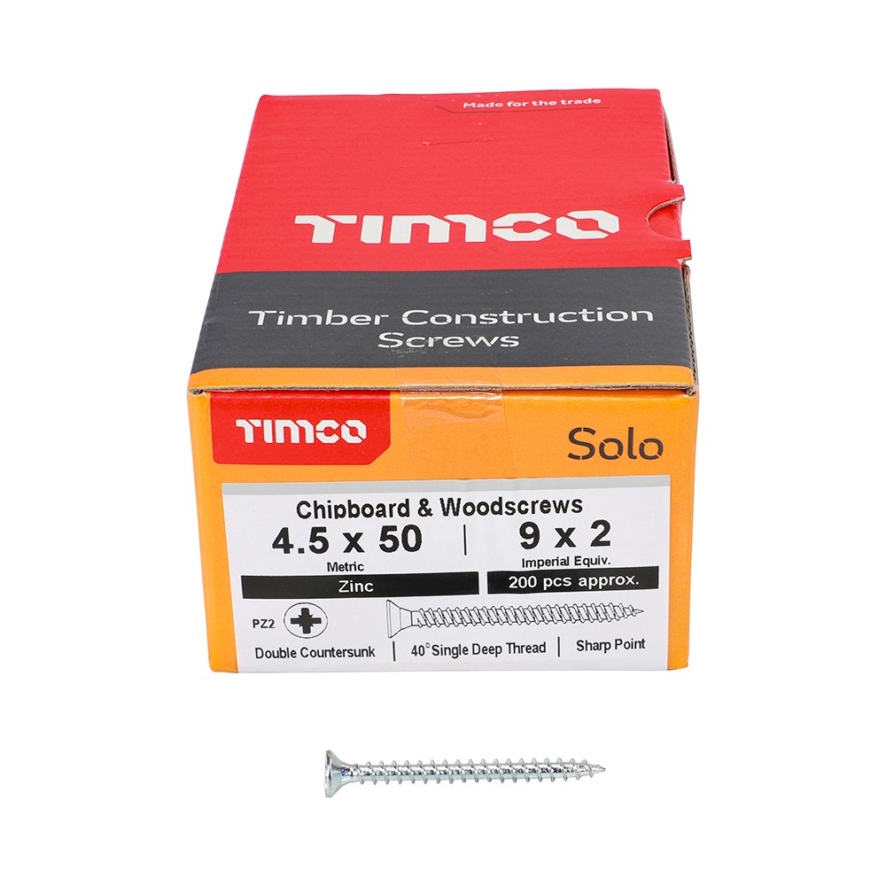 TIMCO Solo Woodscrews - PZ -Zinc 4.5 x 50mm (200 Pack)