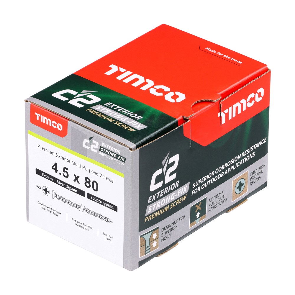 TIMCO C2 Exterior Strong-Fix Multi-Purpose Premium Screws - PZ Silver 4.5 x 80mm (200 Pack)