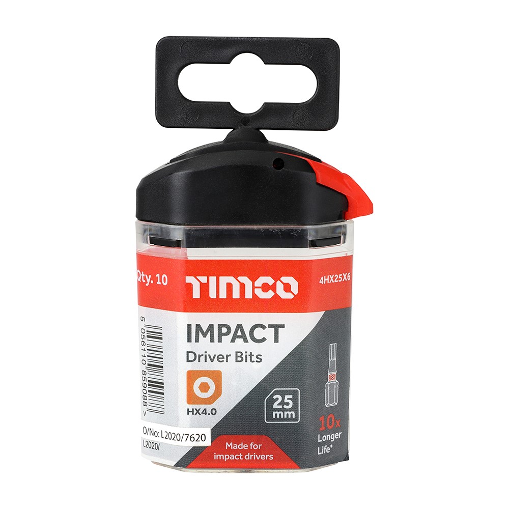 TIMCO Impact Driver Bits - Hex 4.0 x 25mm (10 Handy Bit Pack)