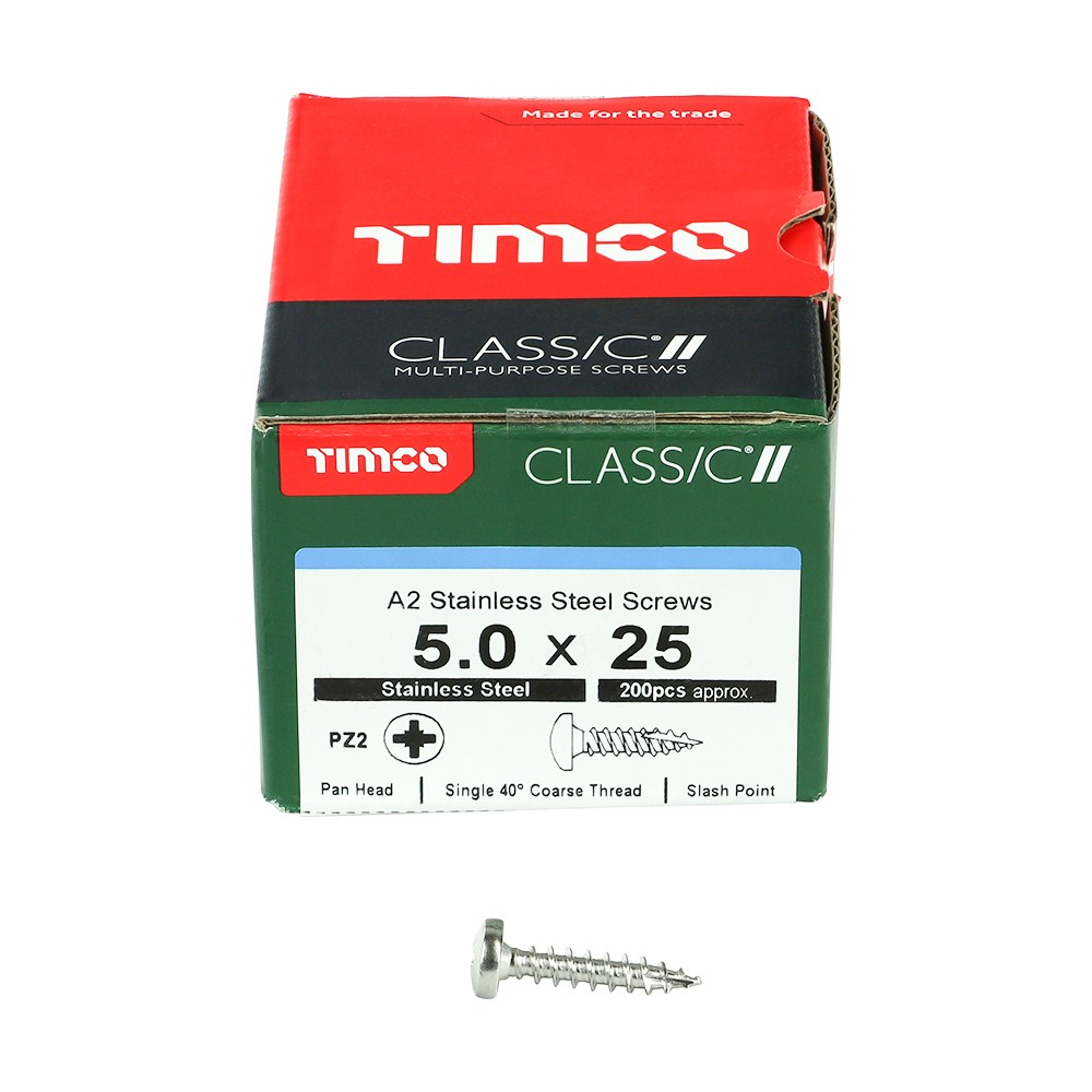 TIMCO Classic Multi-Purpose Screws - PZ - Pan Head - A2 Stainless Steel 5.0 x 25mm (200 Pack)